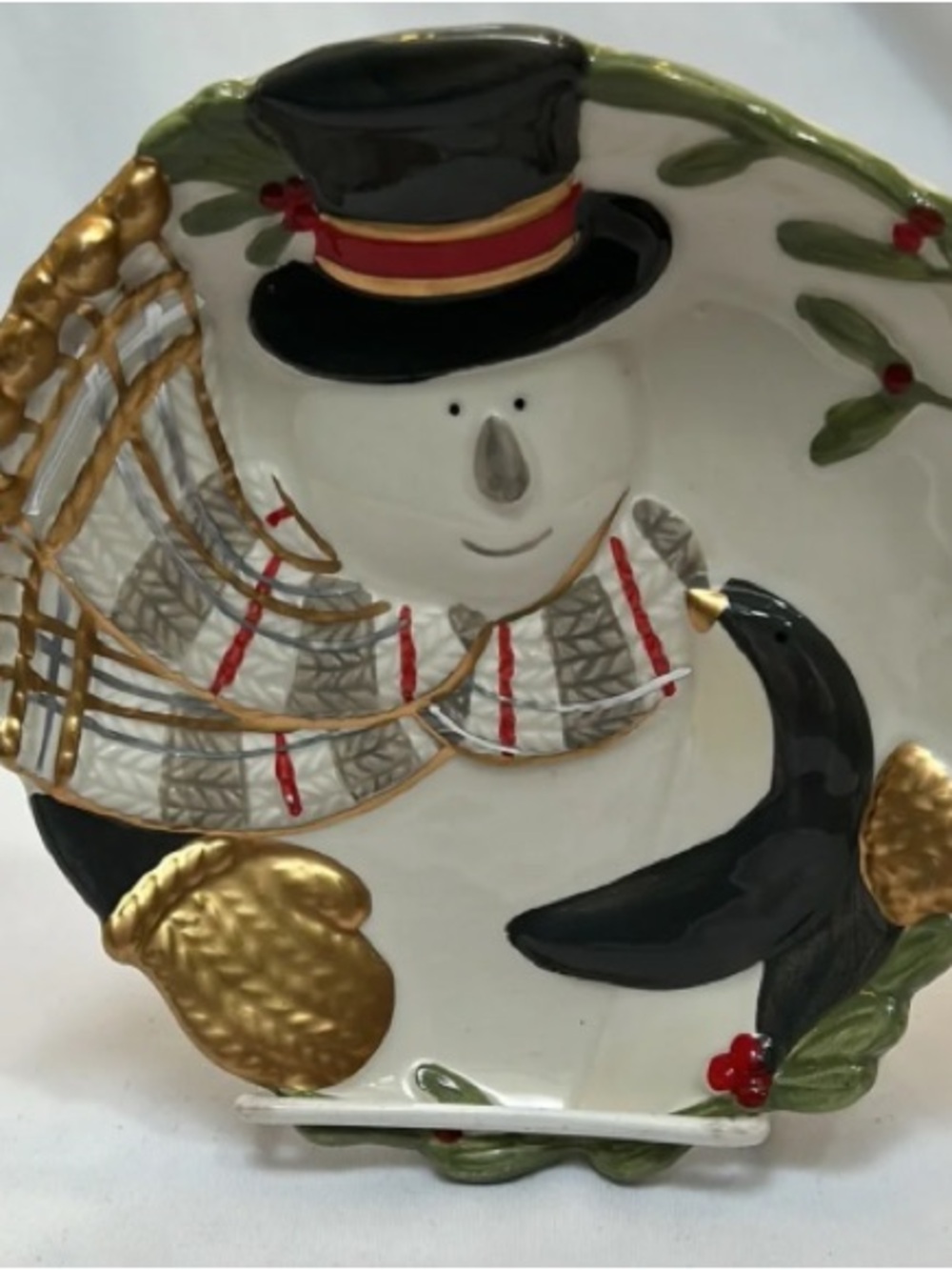 Holiday Snowman Decorative Ceramic Plate - White, Black & Gold